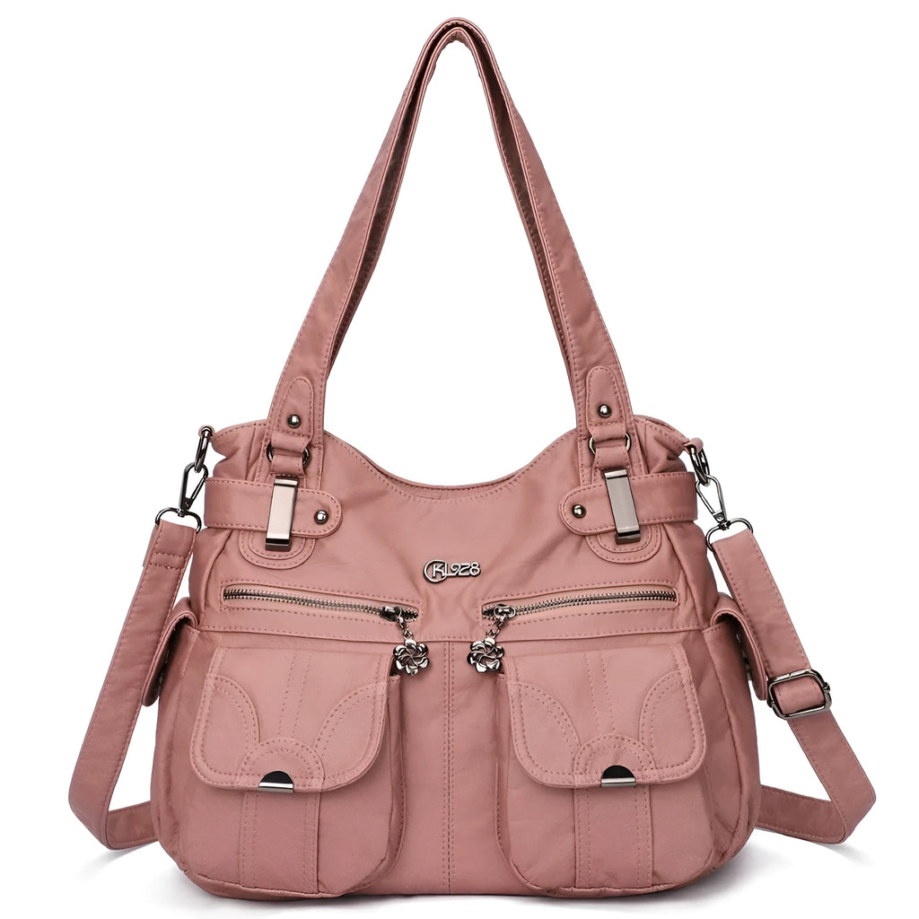 Fashion ladies soft PU leather messenger bag in pink with zipper closure and crossbody strap