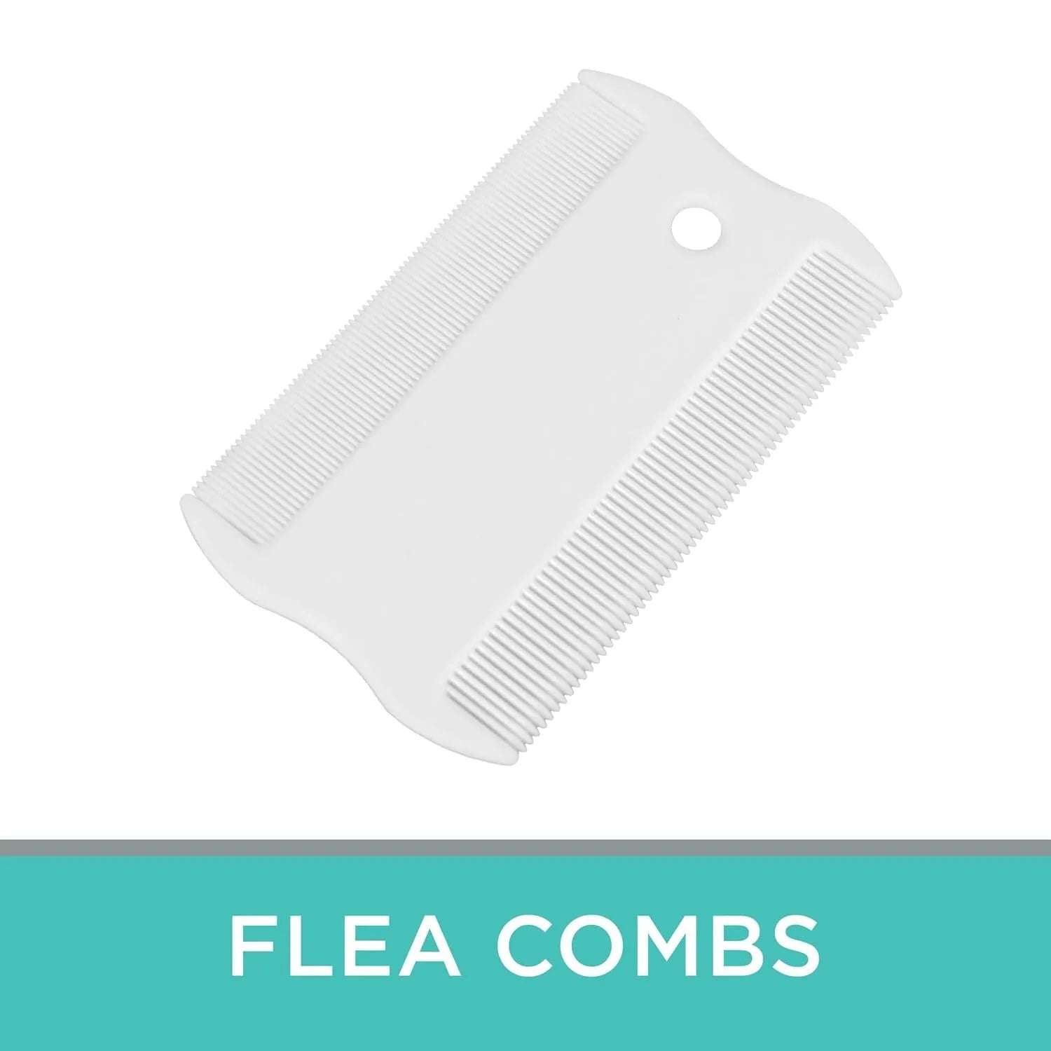 Small white double-sided plastic flea comb for dogs and cats on a blue background.