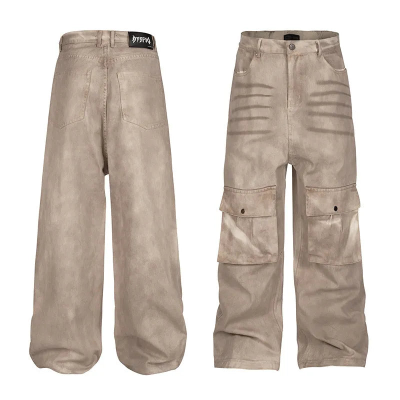 Women's casual loose-fit A-line trousers in pure cotton denim with mid-waist and straight-leg silhouette