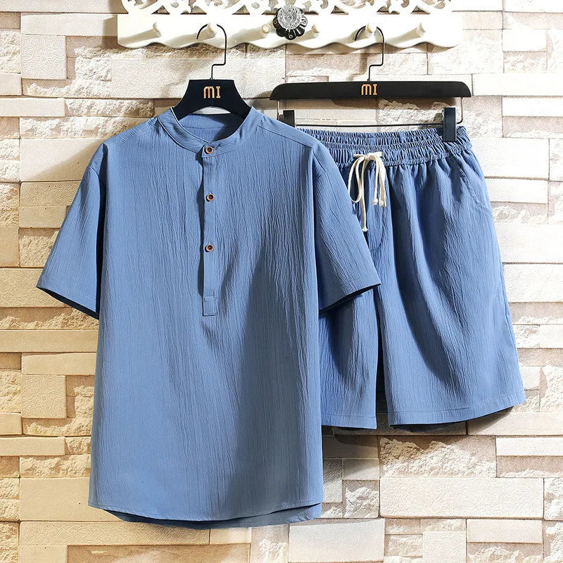 Chinese style two-piece suit with stand collar and short sleeves in a relaxed fit for summer leisure wear