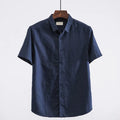Men's loose fit short sleeve casual shirt in cotton blend fabric with a square collar.