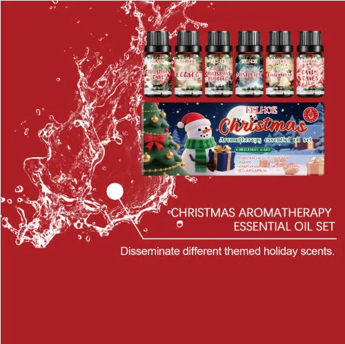 Set of six glass bottles of Christmas-themed aromatherapy oil, each containing 60ml of scented liquid.