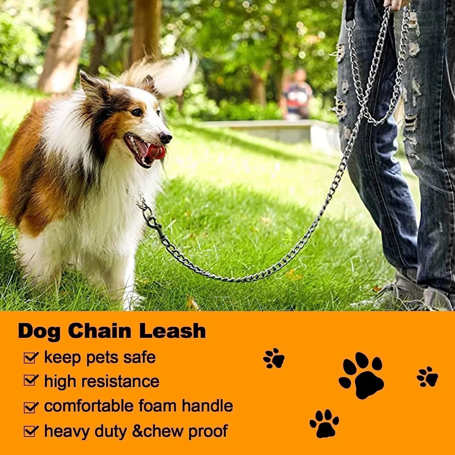 Heavy duty metal dog leash with a soft black padded handle and a chrome-plated chain.