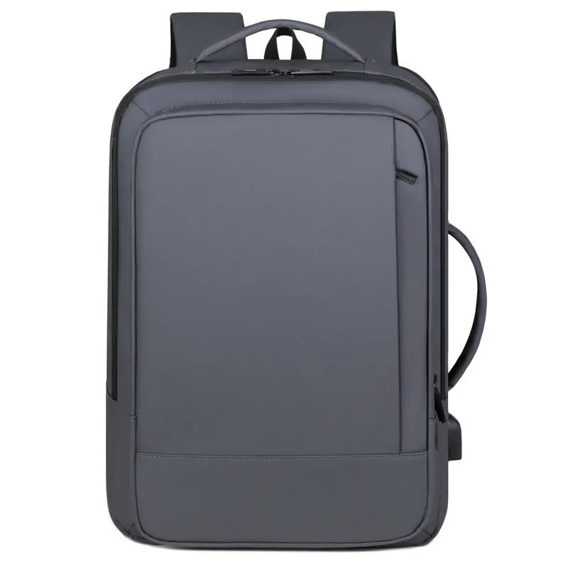 Black waterproof Oxford cloth backpack with Derm leather detailing and curved shoulder straps