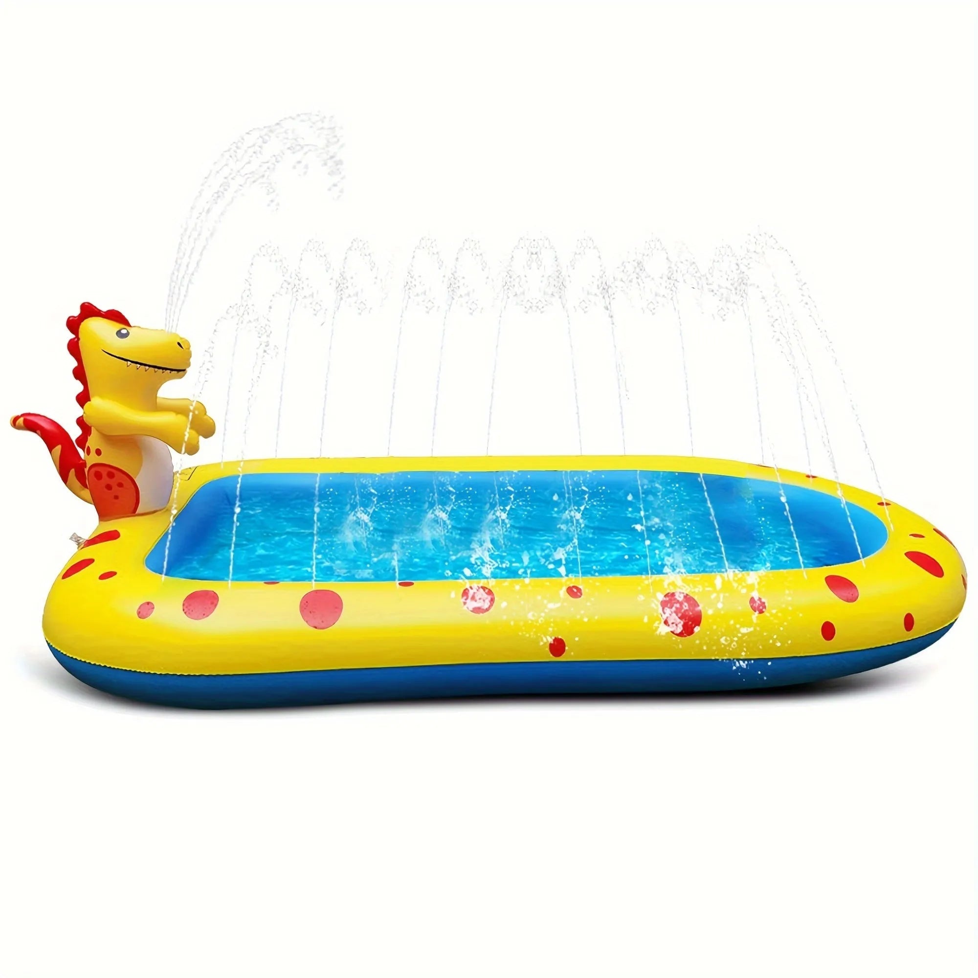 Blue inflatable dinosaur shark shaped water play pool for children in garden