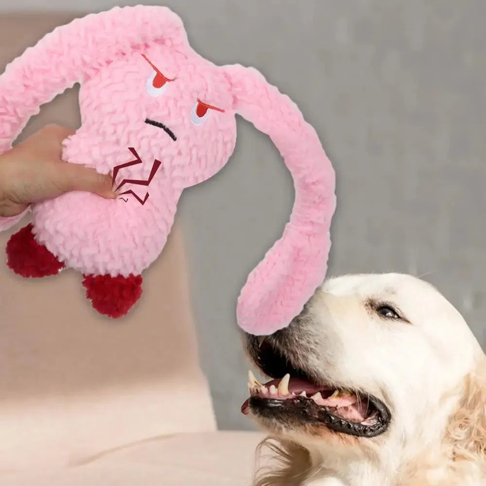 Bunny-shaped dog teething toy in blue, plush fabric with PP cotton filling, about 35 cm long