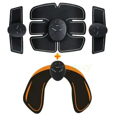 Compact EMS hip muscle training stimulator device with adhesive gel pads for buttocks and abdomen.