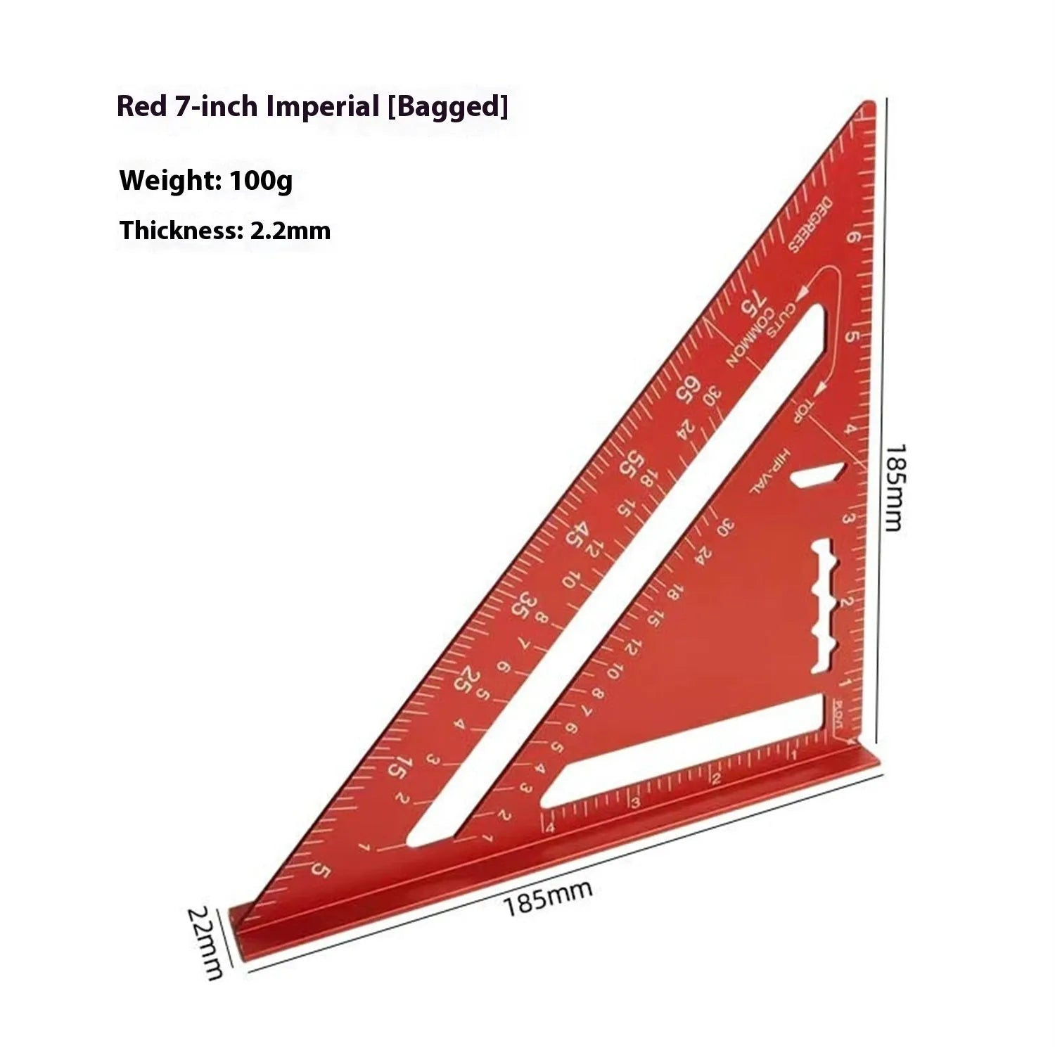 Thin red 7 inch metal combination angle ruler with dual measurement scales for civil surveying