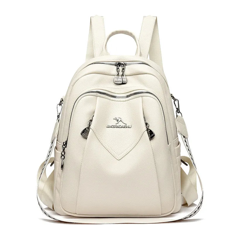 Geometric patchwork genuine leather backpack with belt decoration in beige available for travel