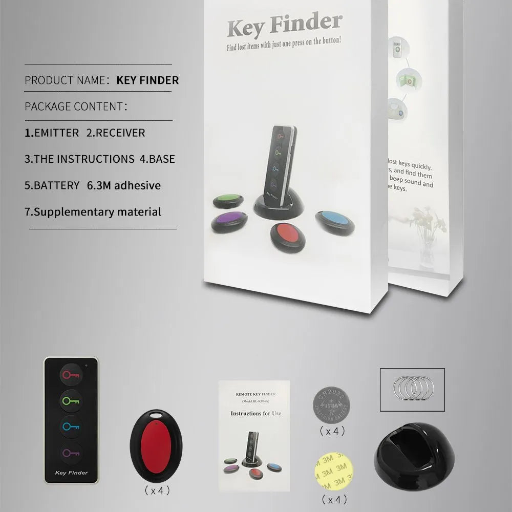 Wireless key locator one-to-four system with black emitter and four receivers, 40 metre range