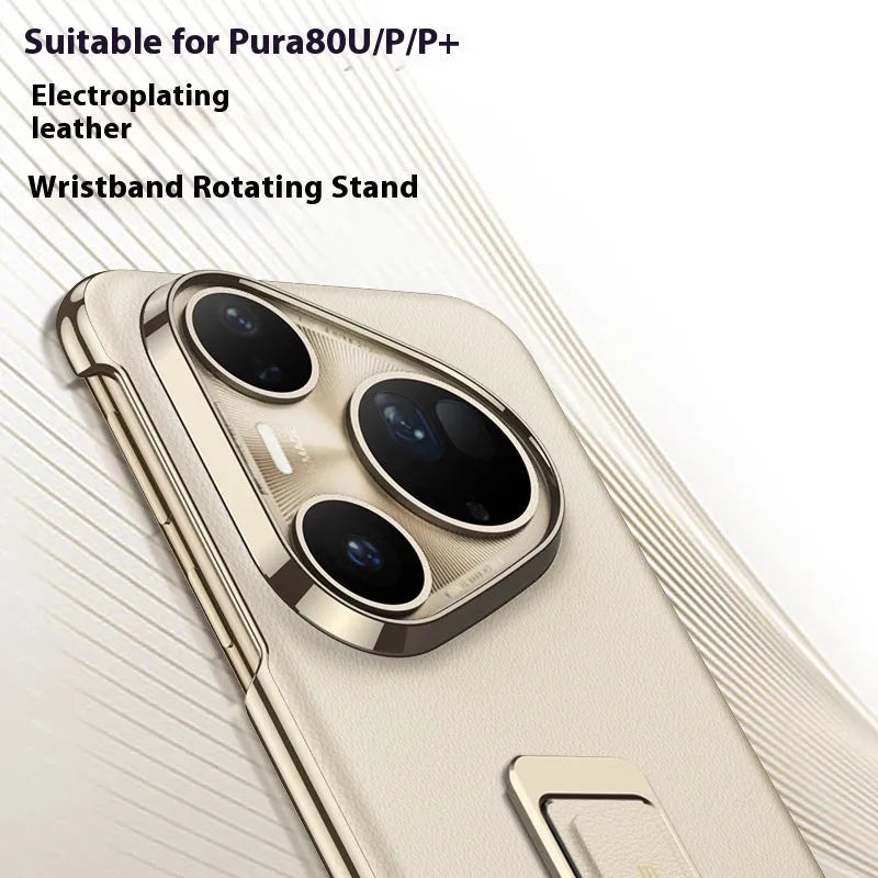 Imitation leather Huawei Pura phone case with a rotating wrist strap bracket in gold, red, and black colours.