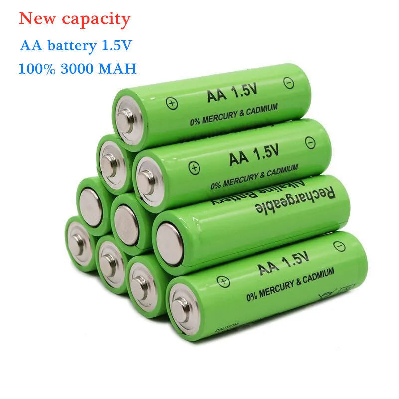 Pack of green AA alkaline rechargeable batteries labelled 3000mAh 1.5V.