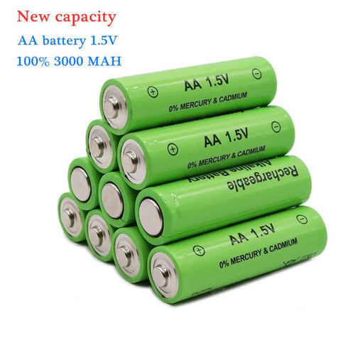 Pack of green AA alkaline rechargeable batteries labelled 3000mAh 1.5V.