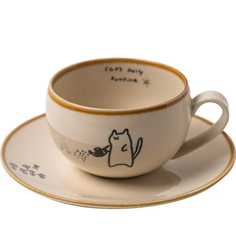 Cute Japanese cat ceramic coffee cup 250ml with healing illustration in Reading design on a table