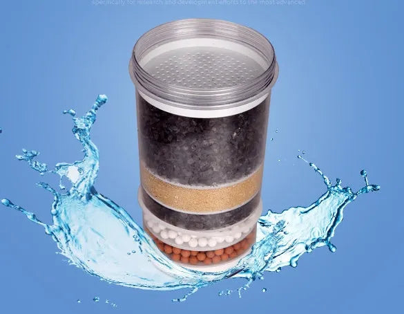 Blue plastic household water purifier with activated carbon filter, 25.3 x 59 cm, eight-layer filtration