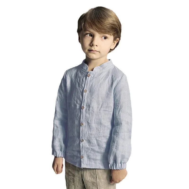 Baby long sleeve top in blue or white, cotton and linen fabric, casual neutral style, sizes 90cm to 130cm