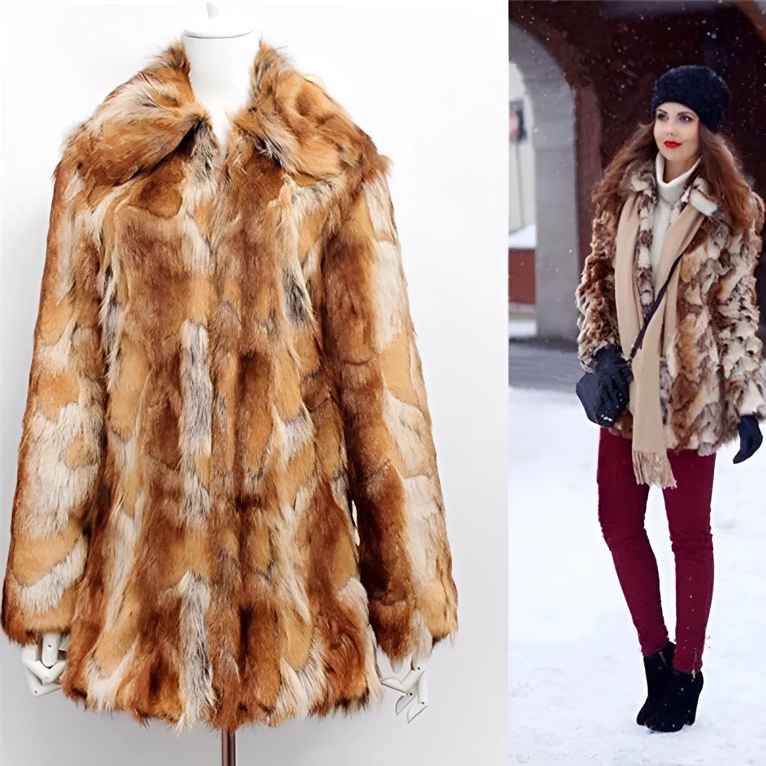Women's slim-fit tiger pattern faux fur leather jacket with long sleeves on a model.