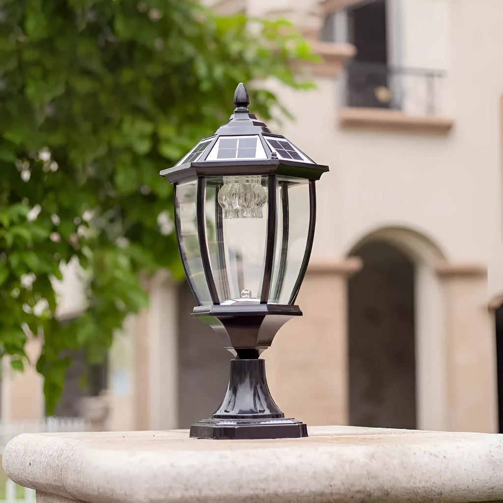 Solar pillar lamp outdoor waterproof with IP65 rating and bend shape in black for garden use
