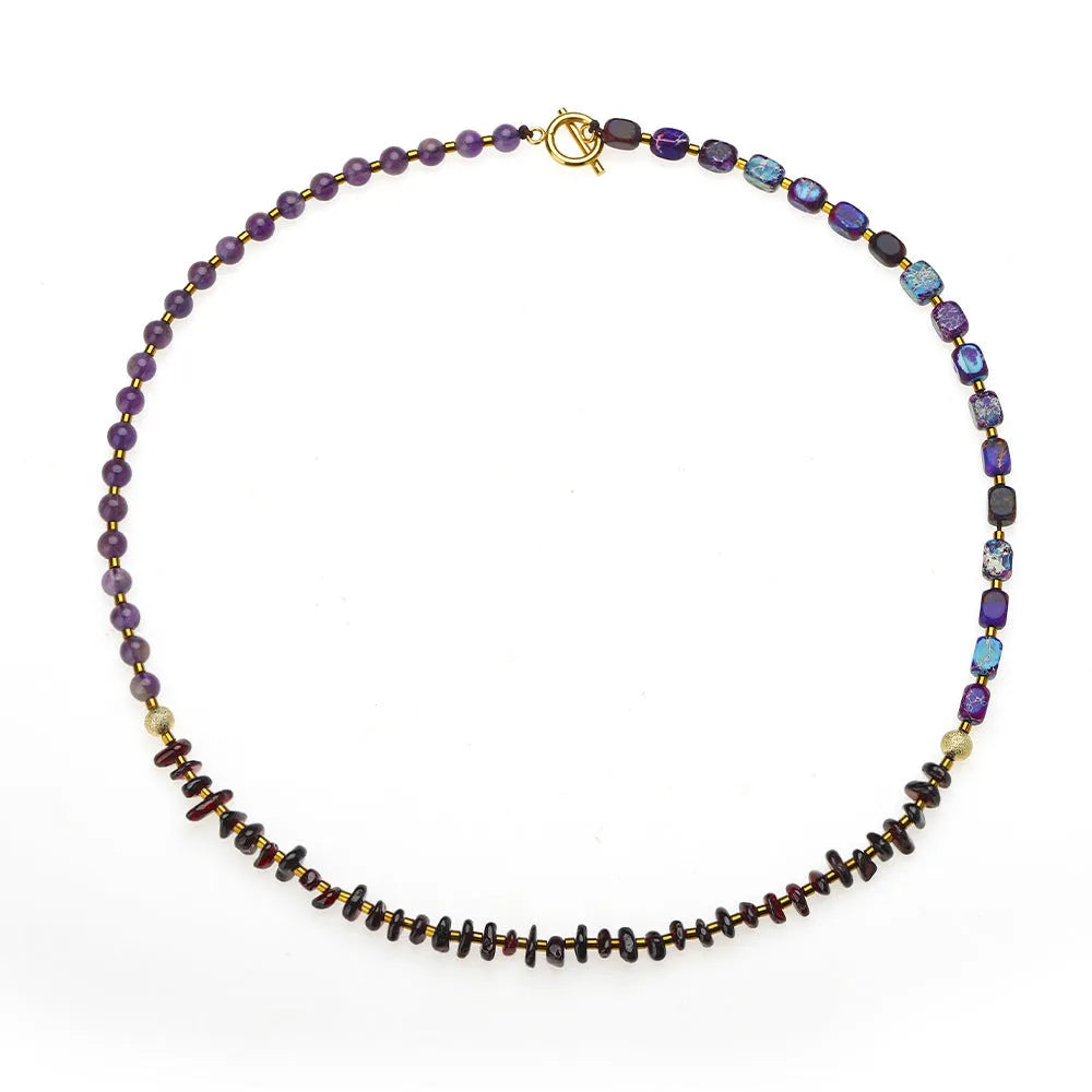 Purple amethyst and garnet geometric round beads stone bracelet with manual processing