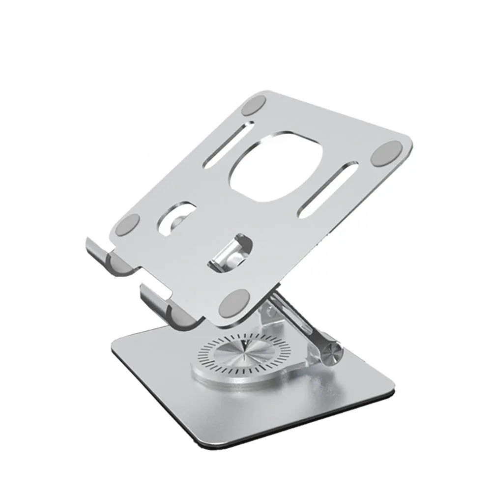 Rotating metal tablet stand with aluminium plate shown in silver colour at an adjusted height.