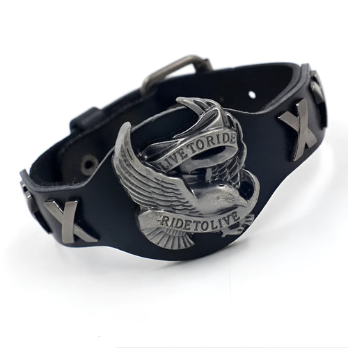 Black leather geometric bracelet with alloy eagle watch-buttom closure on wrist