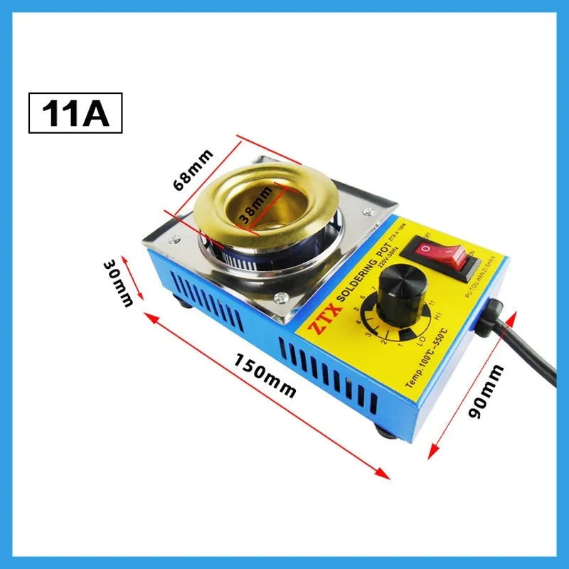 A desktop thermostat-controlled tin melting furnace with adjustable temperature dial.