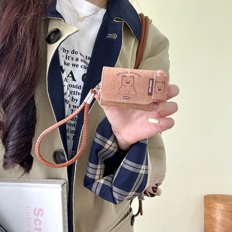 Brown leather-pattern AirPods protective cover with West Highland dog cartoon design and frosted finish