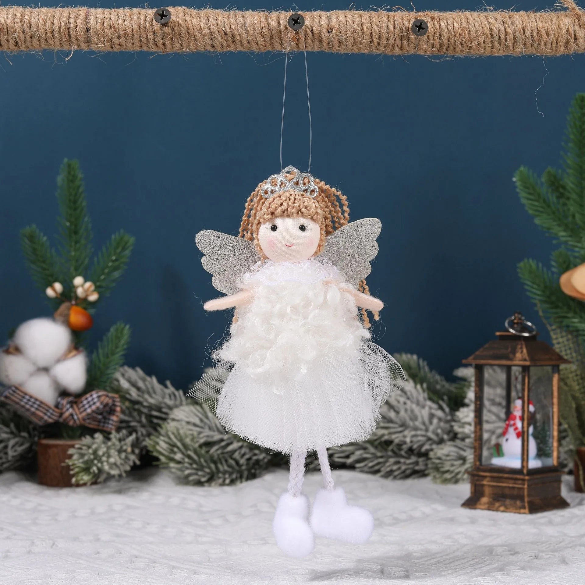 Christmas angel cartoon fabric pendant hair accessory for a girl's high ponytail in white, pink, or khaki.