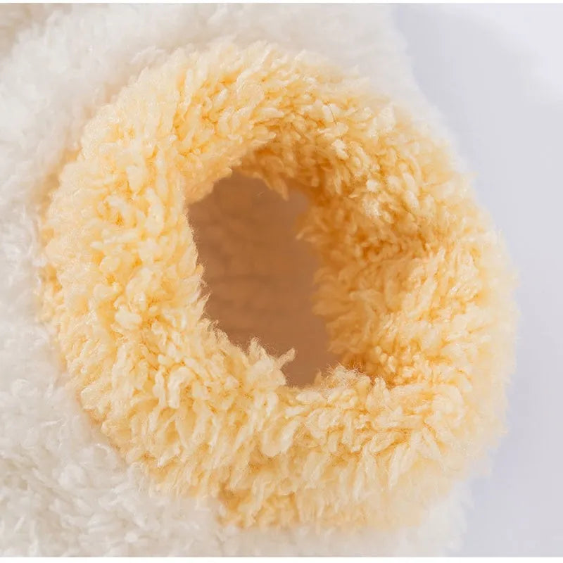 Yellow two-legged fleece pet coat with koala patch for small dogs and cats, sizes XS to XXL.
