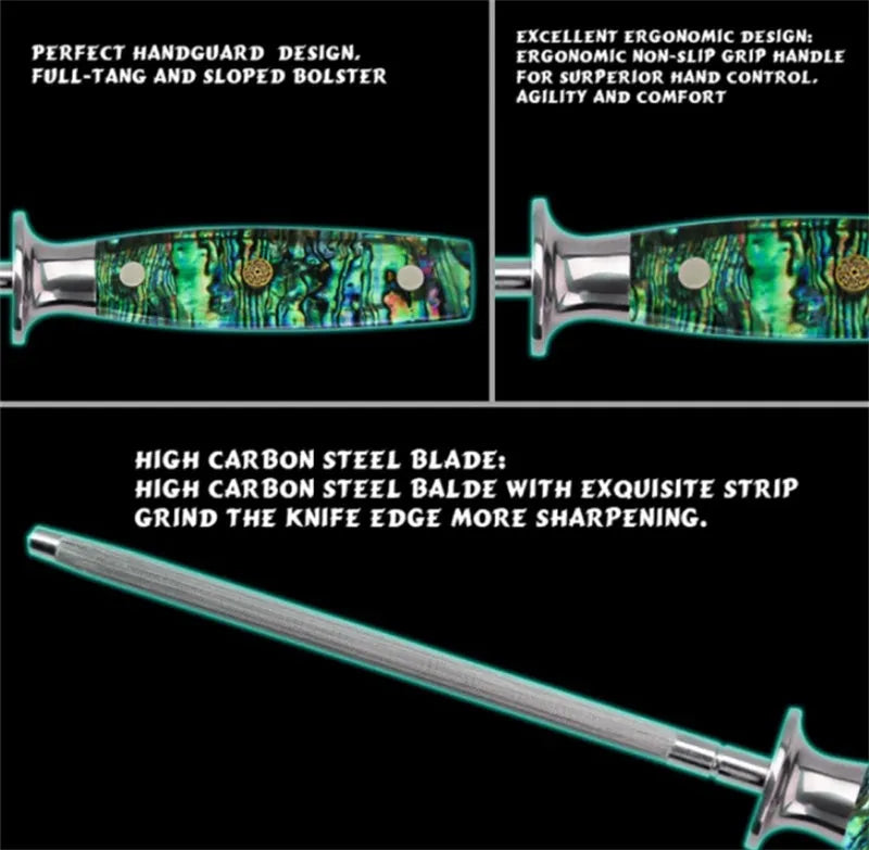 High carbon steel manual knife sharpener with abalone shell handle on a kitchen surface.