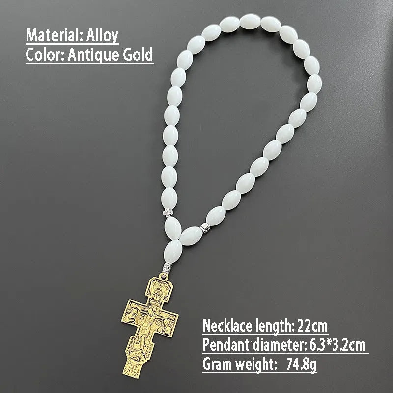 Cross beads metal car rearview mirror pendant with crown and Roman numerals in Ancient Gold finish