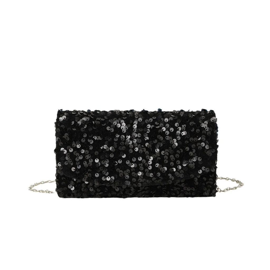 Sequin glitter chain women's party dinner bag in black or silver, 20x5x10cm horizontal square with phone compartment