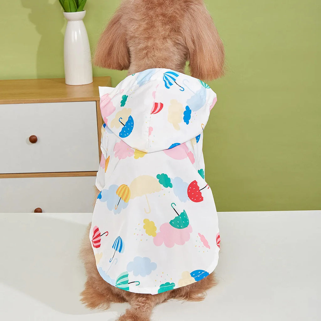 A dog wearing a colourful cartoon umbrella pattern raincoat, sized for a medium breed, standing on wet grass.