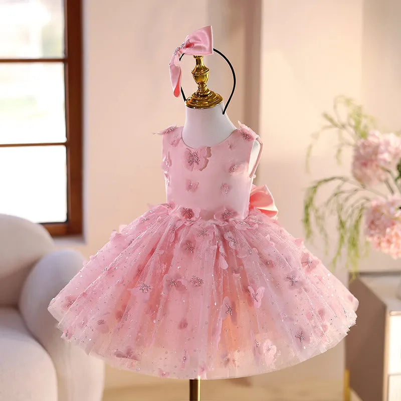 Pink children's little princess dress with polyester fabric, suitable for flower girls, sizes 80cm to 150cm