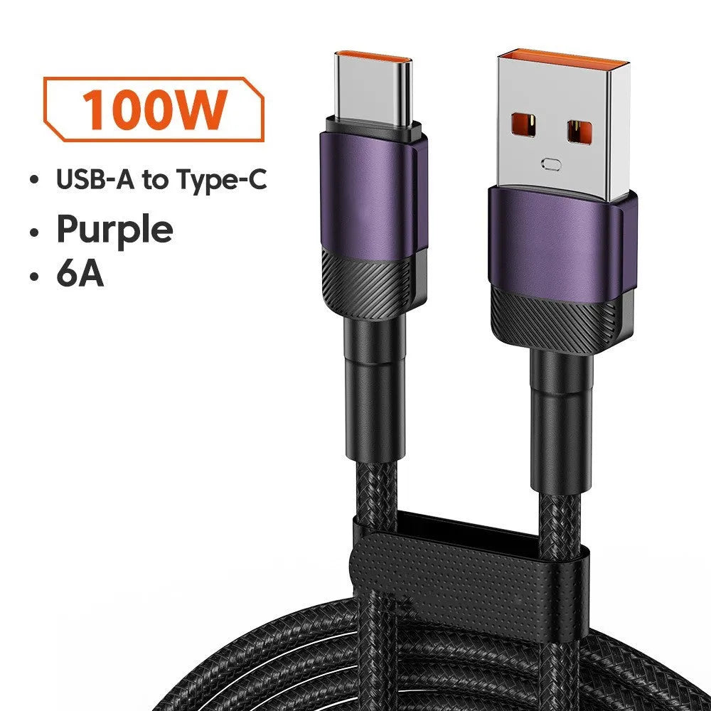 Black woven USB cable with aluminium alloy connectors shown at 100W fast charge length options