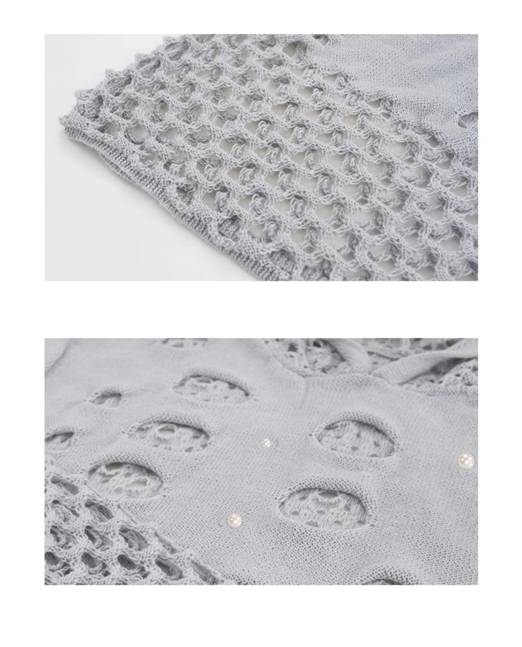 Black men's loose fit hooded sweater with hollow knit texture and pearl detail on the hood.
