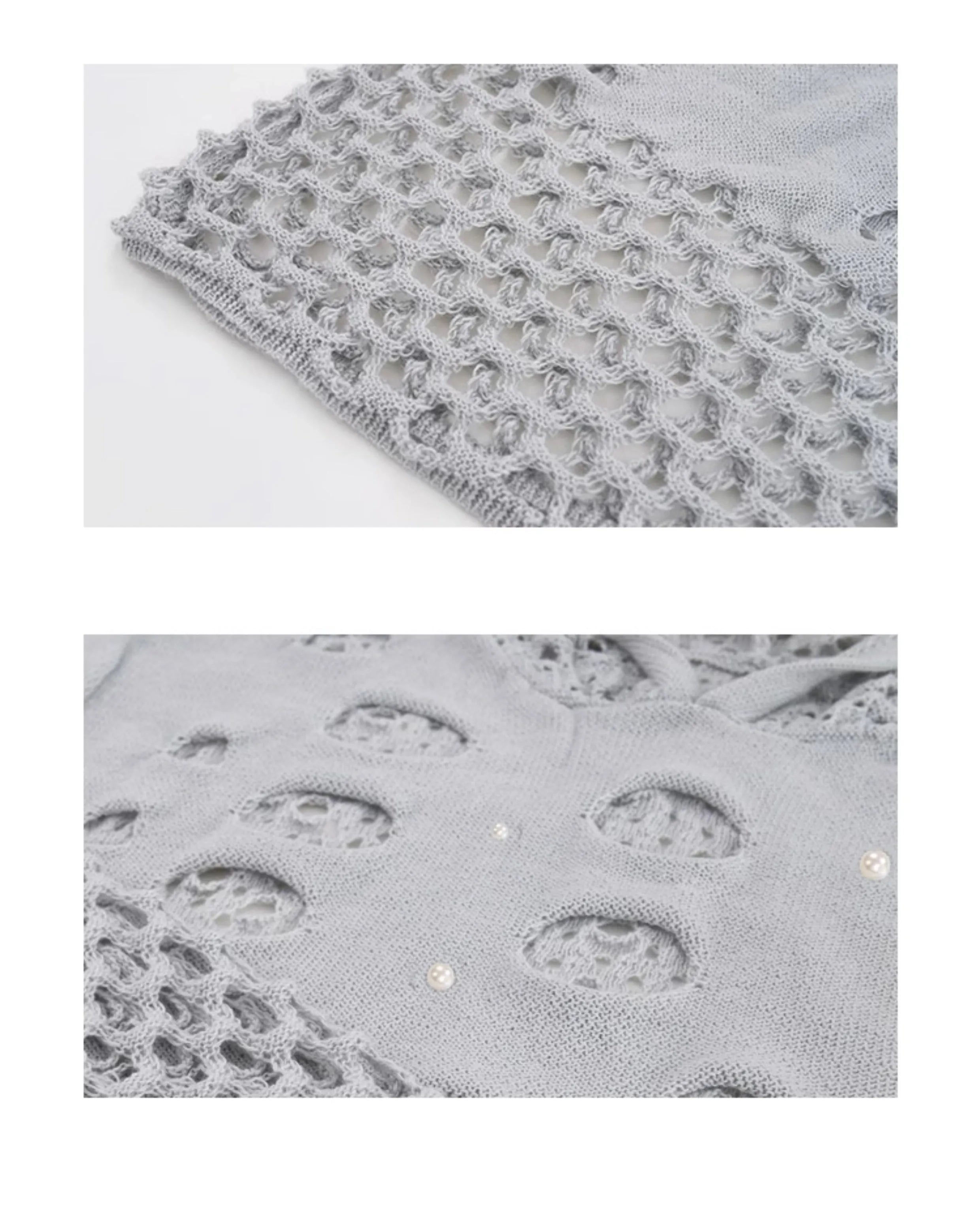 Black men's loose fit hooded sweater with hollow knit texture and pearl detail on the hood.