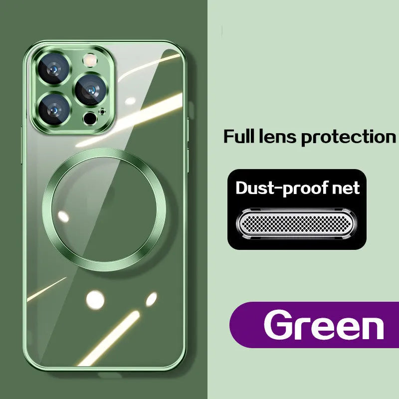 Wireless magnetic charging TPU phone case with electroplated finish for iPhone 11-14 series in dark purple.