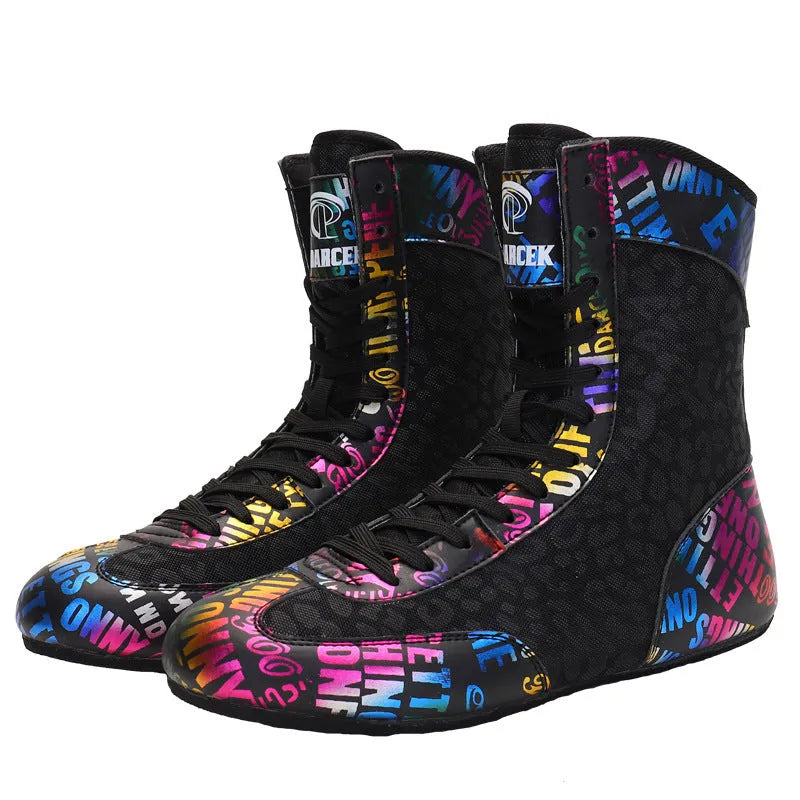High-top mixed combat wrestling shoes in green, with mesh and leather upper and rubber sole.