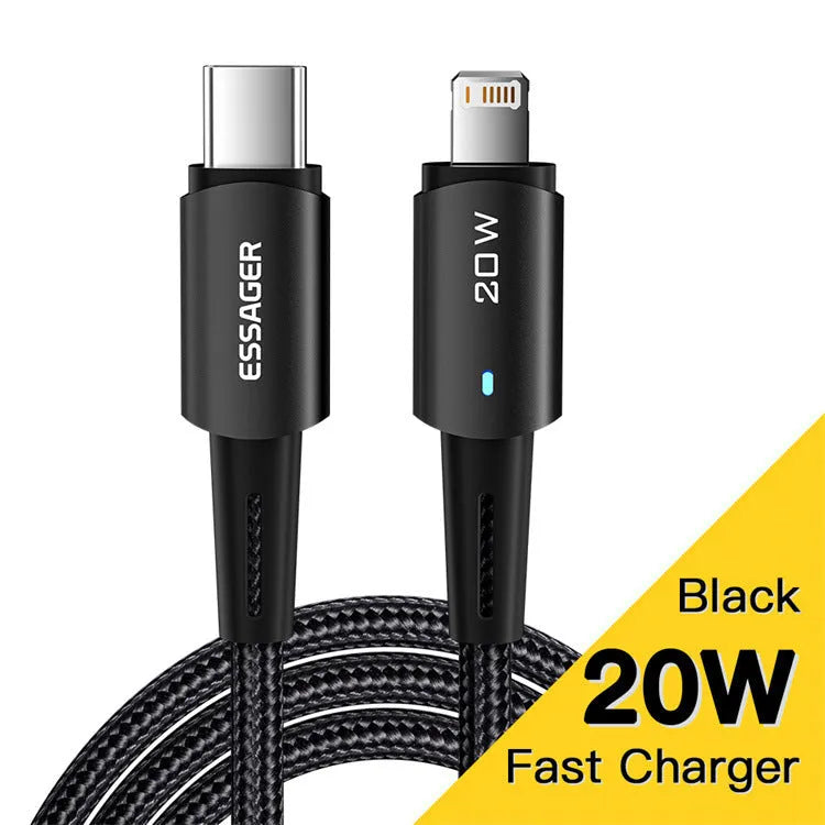 USB-C to Lightning fast charging cable with aluminium alloy connectors in black, showing length options.