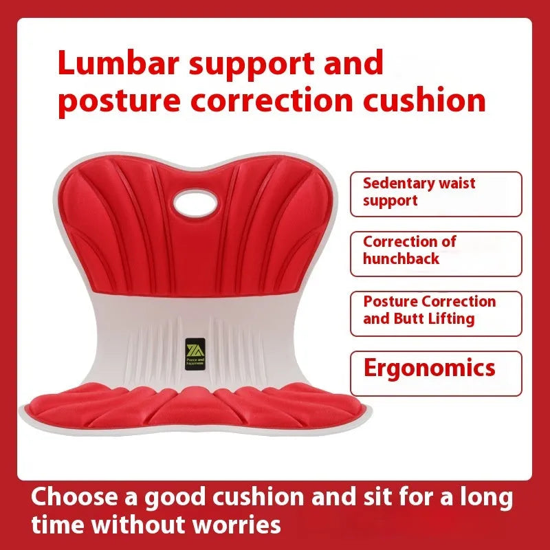 Grey ergonomic office seat cushion for waist support and posture correction on a chair.