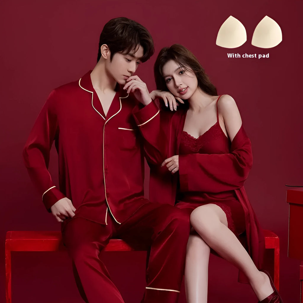 Red ice silk matching men's and women's long sleeve trousers sleepwear set for wedding dowry.