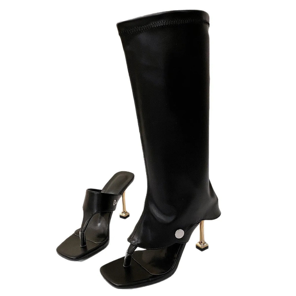 High-heel square-toe sandal boots in beige with thin straps and toe-loop, PU upper