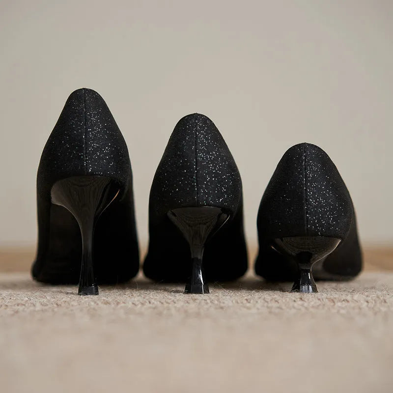Black French style sequined high heels with 7cm thin heels and low upper height