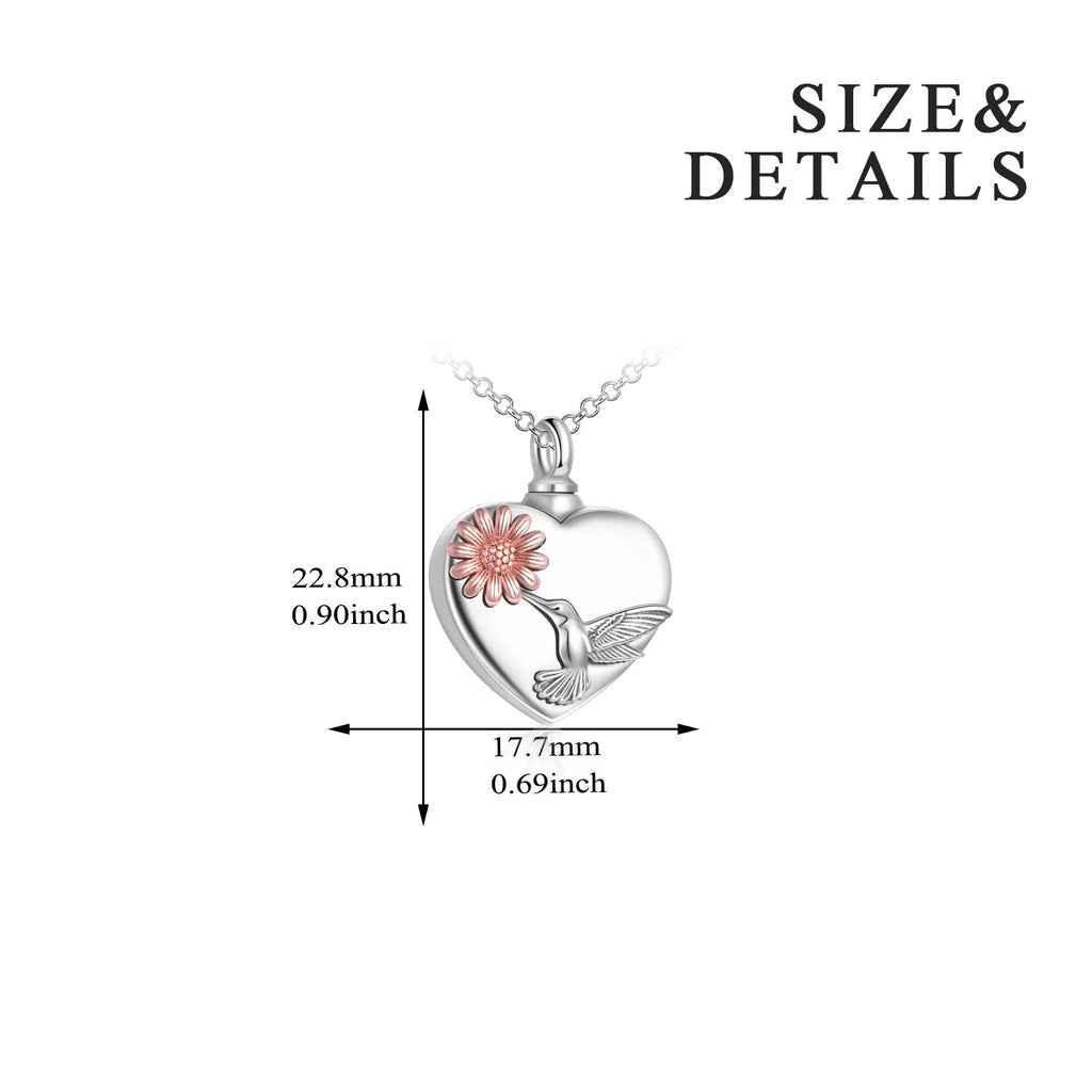 Silver 925 sterling silver hummingbird urn necklace with heart sunflower pendant, 18+2 inch chain, 0.9 x 0.69 inch.