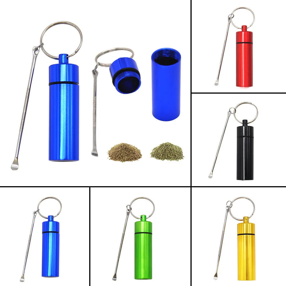 Small blue aluminium pill bottle with a silver spoon and keychain attached.