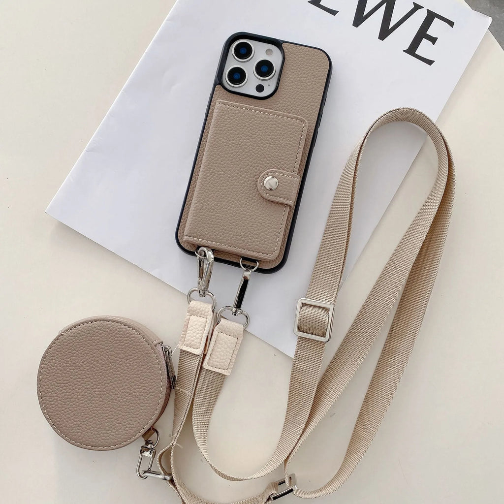 Polycarbonate leather lanyard phone case with card slot for iPhone, shown in black, brown, orange and white.