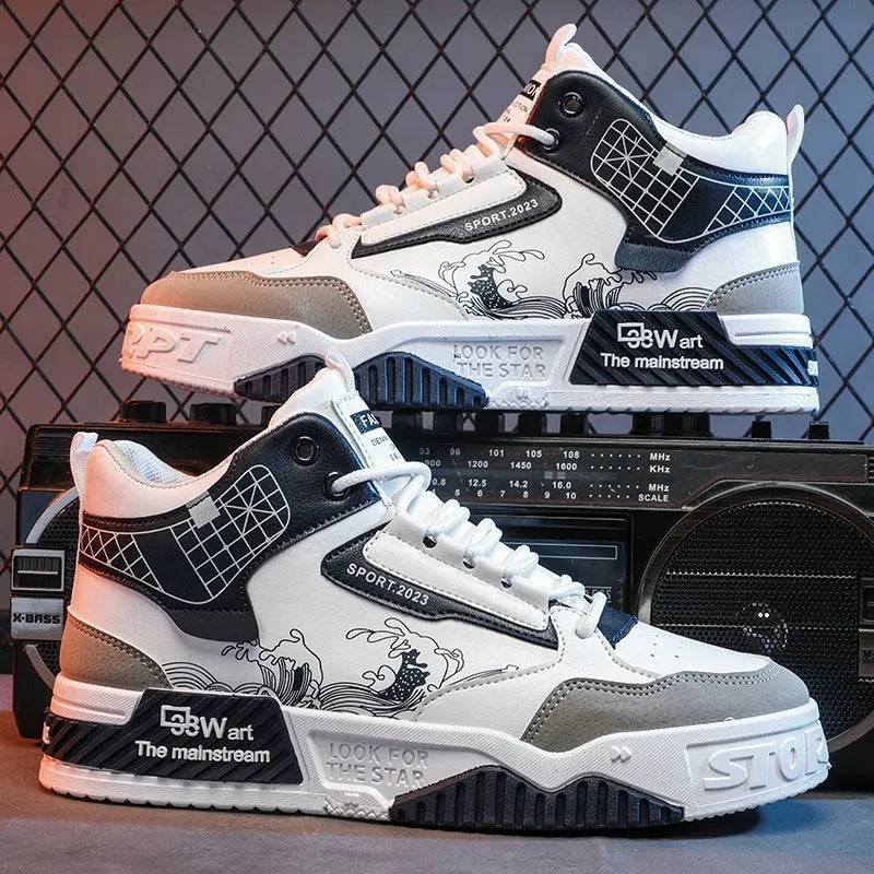 Men's beige and white high-top board shoes with mesh lining and rubber soles