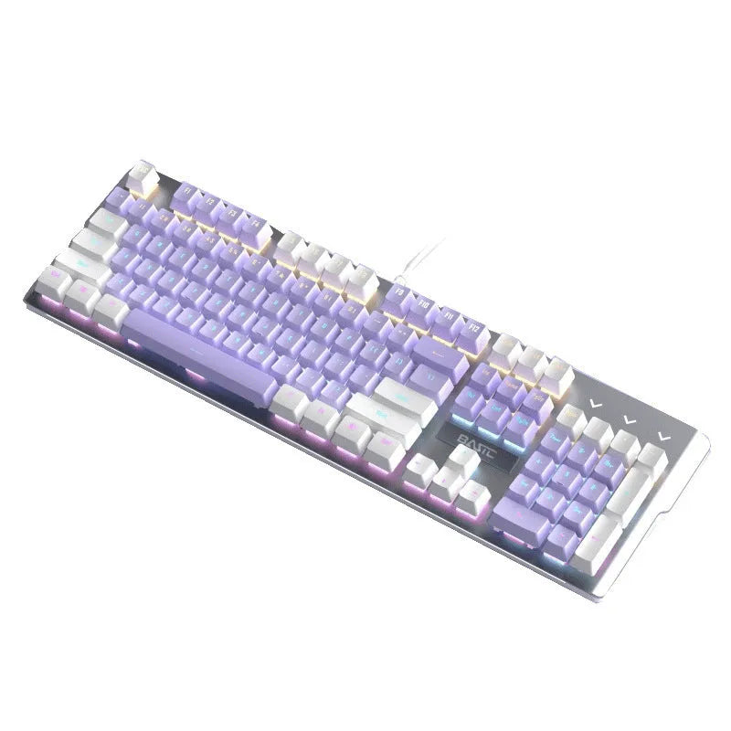 Purple and white mechanical keyboard and optical mouse set with backlighting on desktop