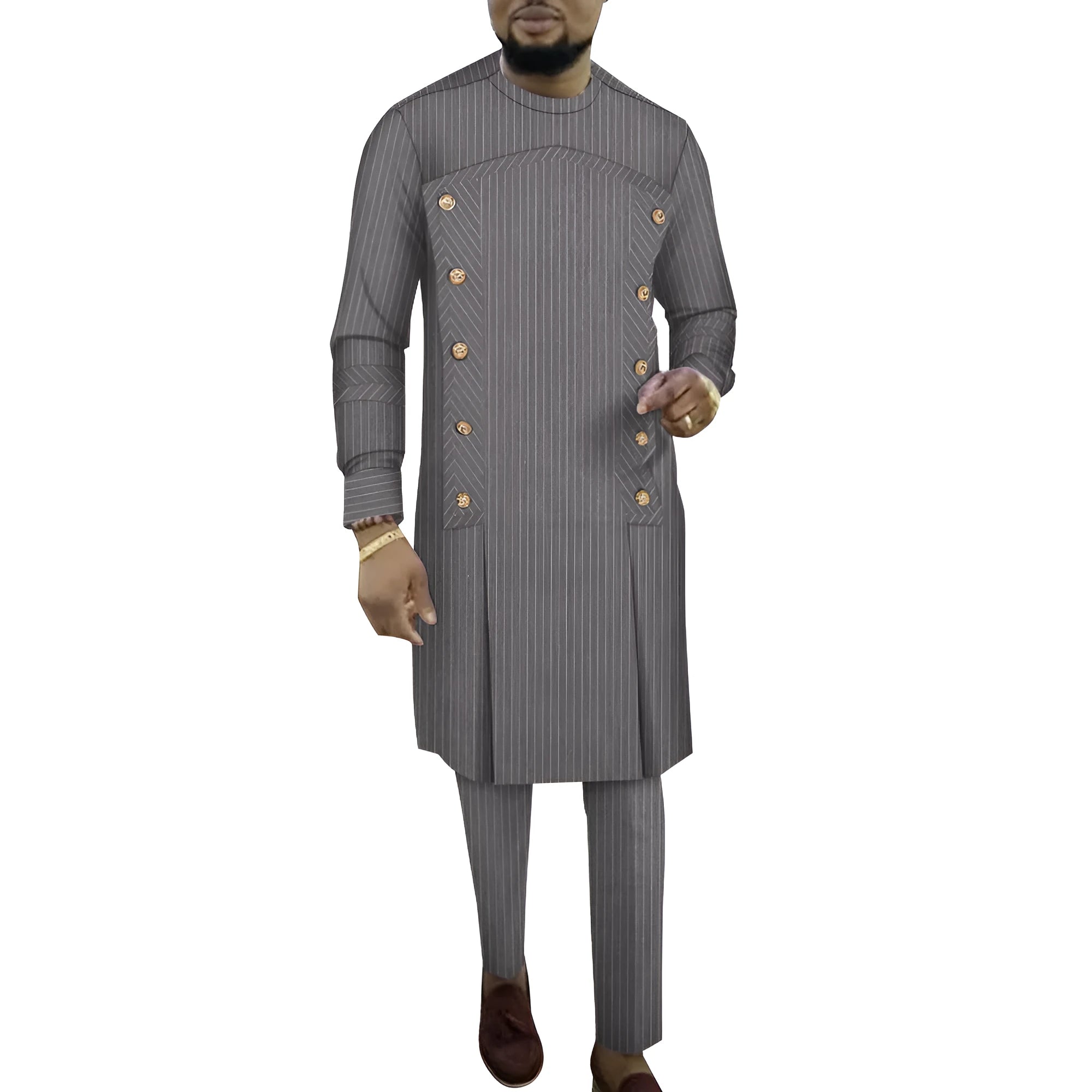 African men's striped cotton robe two-piece set showing long sleeve top and matching trousers
